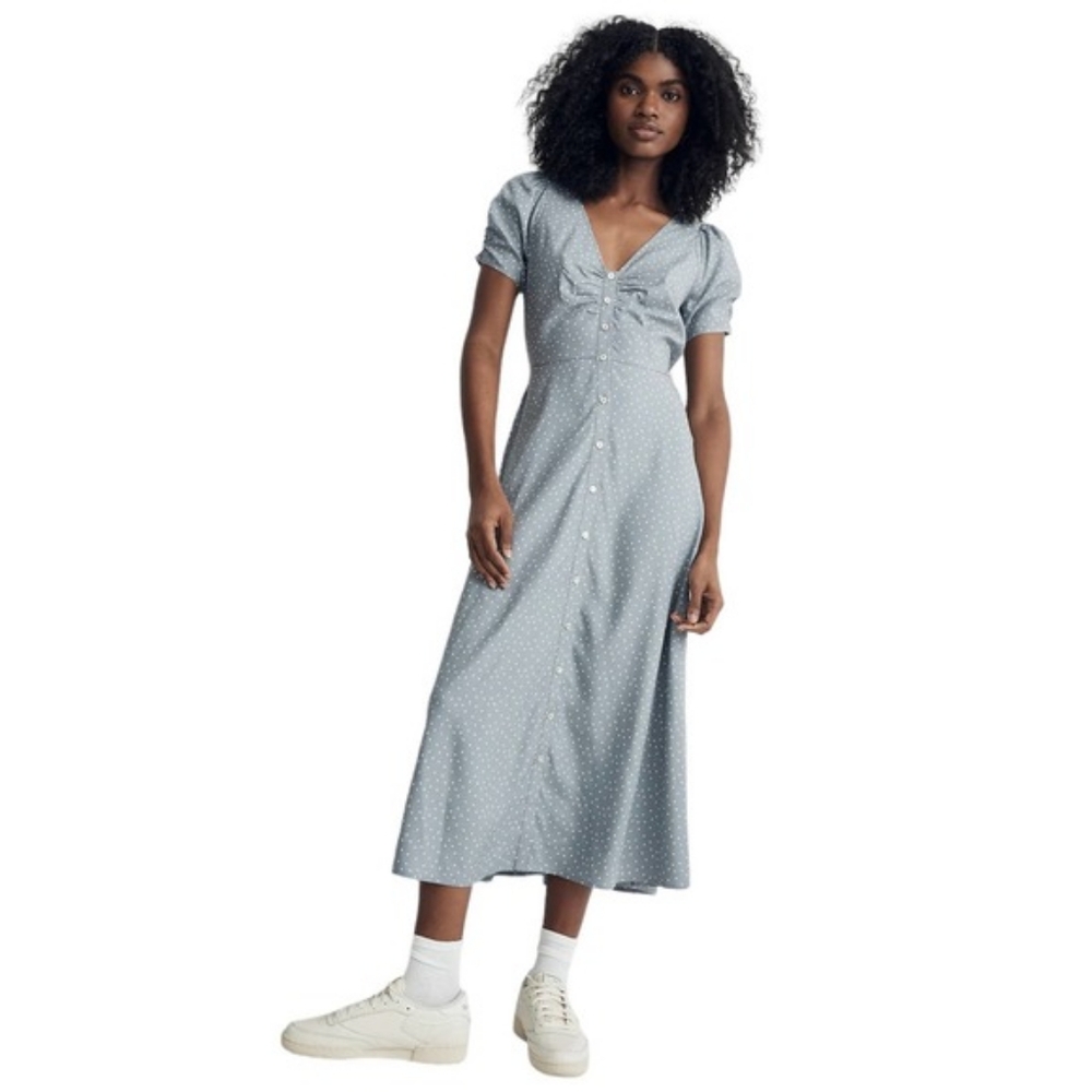 Madewell Leedra Button Front Midi Dress Blue Polka Dot size 10